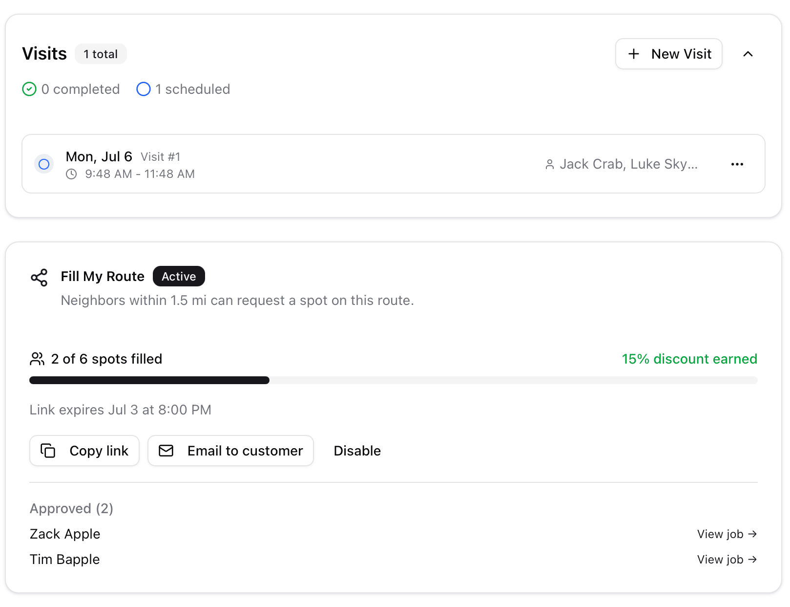 Fill My Route inbox showing pending neighbor requests with approve and decline buttons