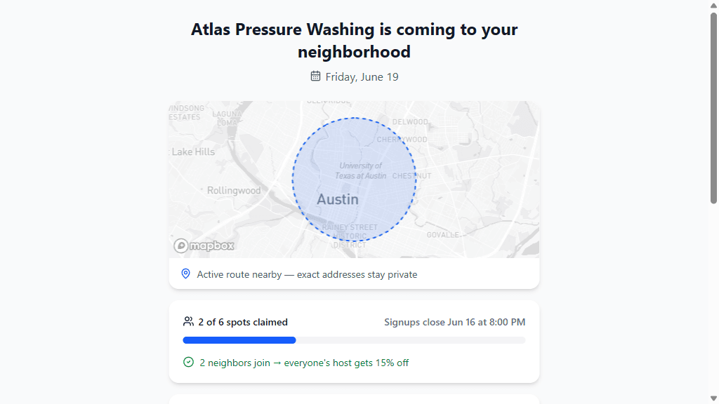 Public neighborhood route booking page with map and signup form