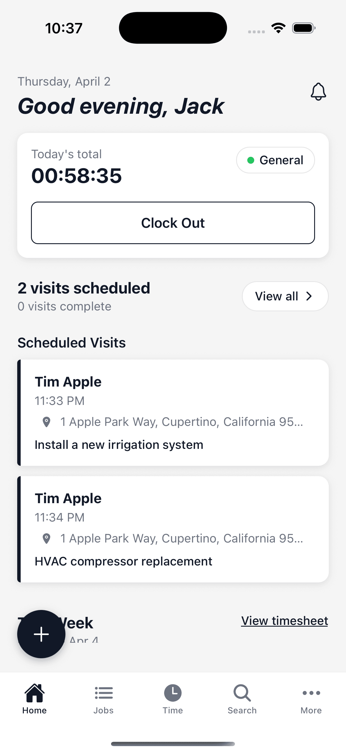 Simple Time dashboard screen