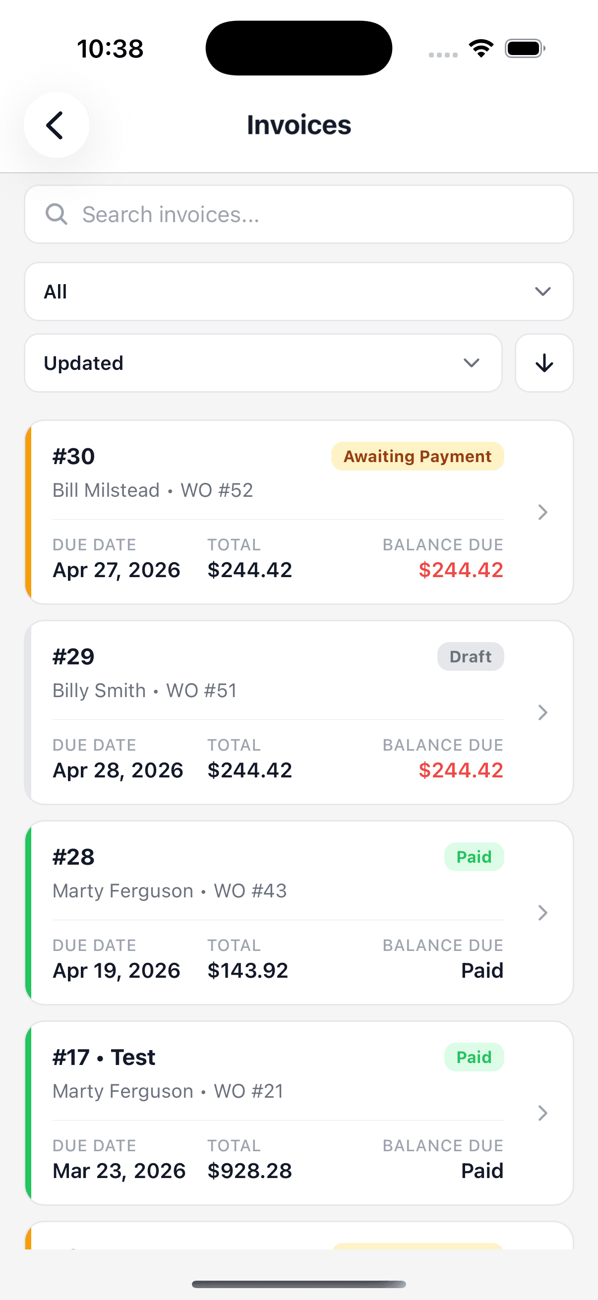 Simple Time invoices screen