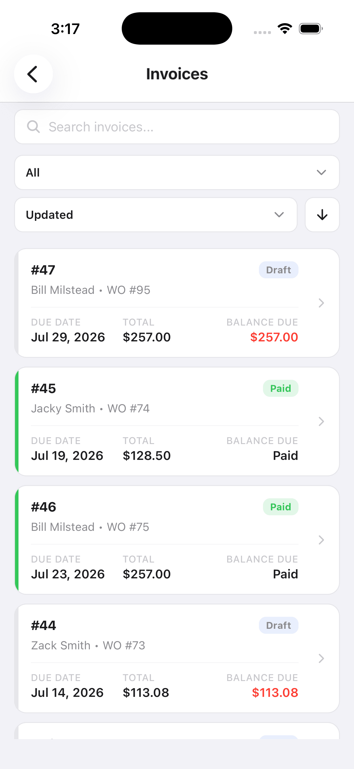Simple Time invoices screen